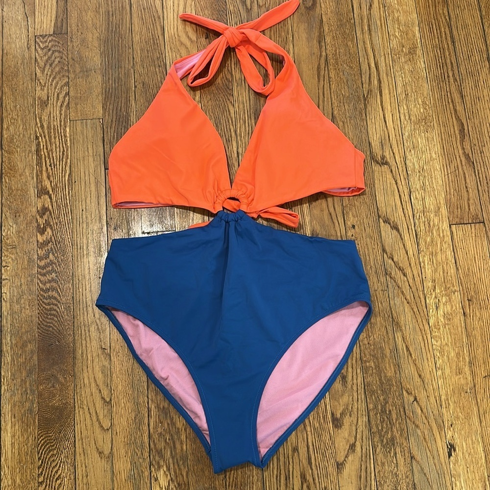 BODEN - Two-Tone Halter One-Piece Swimsuit in Coral and Navy
